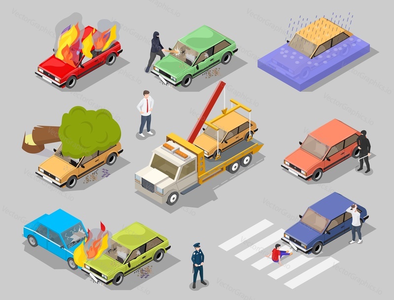 Car accident vector. Road traffic crash, automobile collision, theft, hitting pedestrian, flood, explosion, tree fall isolated isometric 3d set
