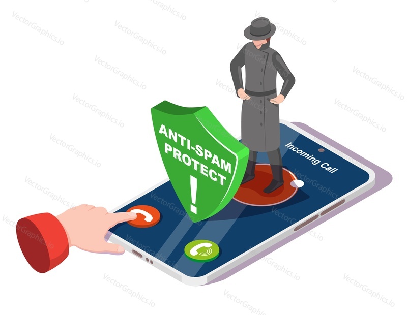 Anti spam mobile protect service vector. Unknown incoming call scam block. Smartphone hacker cheating secure. Phone antivirus application and privacy safety