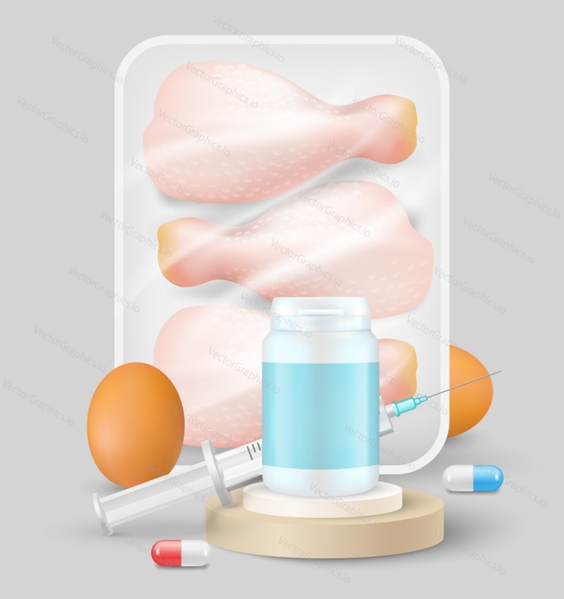 Векторная иллюстрация курицы и яиц с антибиотиками. Фармацевтическая пища. Куриные ножки в упаковке. Консерванты, лекарственные препараты, гормоны и стероиды для ускорения роста птицы в лабораторных условиях