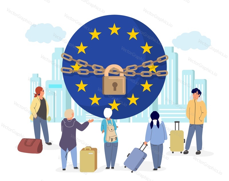 Closed EU borders vector. People with luggage bag standing front of metal chain with padlock over cityscape background