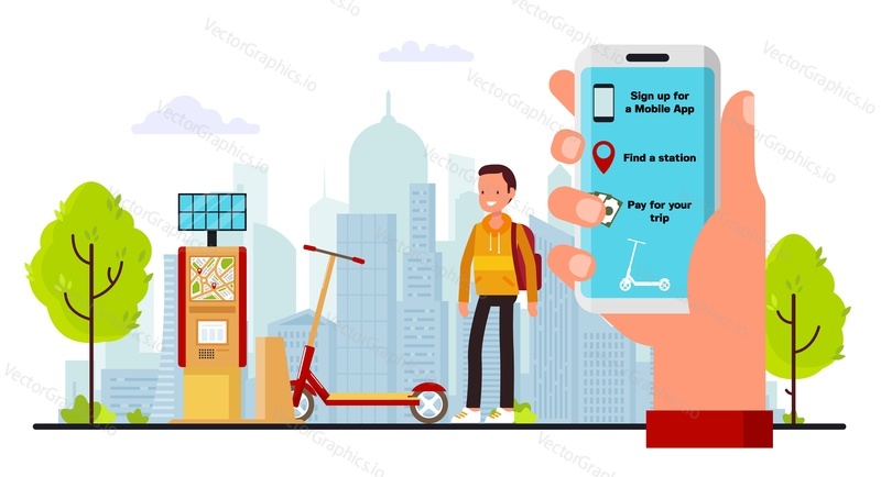 Плоская векторная иллюстрация мобильного приложения для аренды электрического скутера. Заказывайте транспорт escooter онлайн, находите местоположение и услуги беспроводной оплаты со смартфона