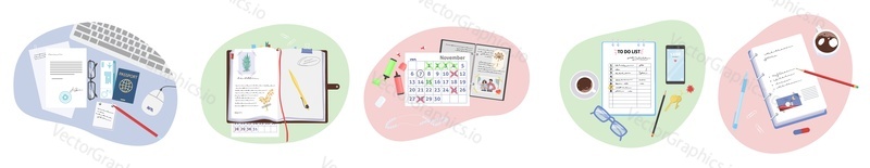 Task planner, checklist and documents set for different purpose vector scene. Business travel booking, handwriting dairy, family holidays and meeting planning, to-do list and memo notes illustration