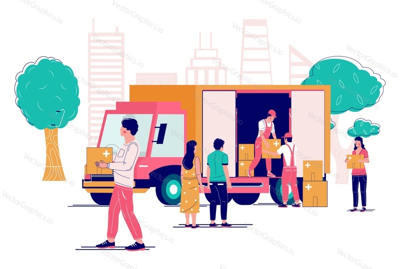 Car truck with humanitarian aid and charity vector. Poor refugee getting medicine and food box illustration. Volunteering team giving people parcel from lorry. Donation and support service