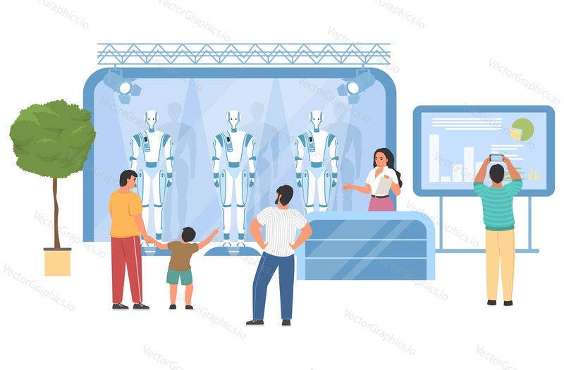 Robot exhibition stand vector illustration. Innovation science exposition in hall with visitors. Future technology and artificial intelligence show