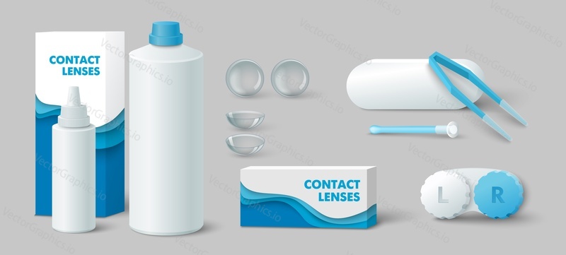 Contact lenses accessory for vision realistic set. Vector Illustration of optometry corrective glasses, bottle with liquid solution for hygiene and care, case for storage and tweezers