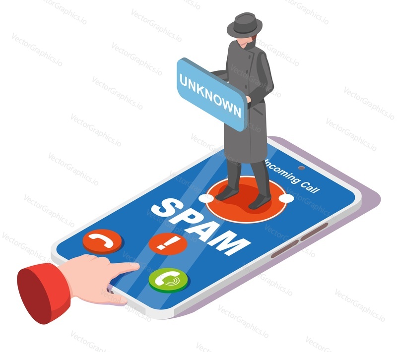 Spam call vector Phone fraud and scam illustration. Hacker unknown number calling on smartphone. Fake robocall, vishing and anonymous incoming call