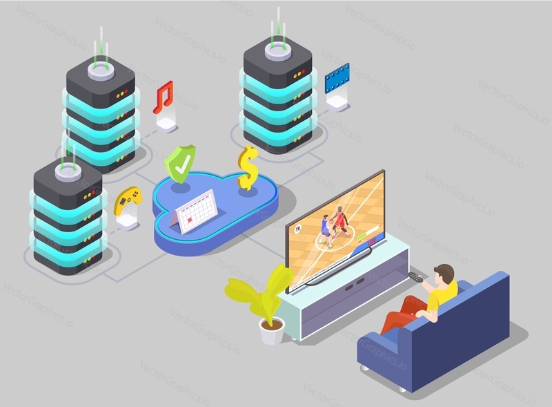 Streaming content subscription as business model vector. Customer using premium service with different content isometric 3d illustration. Cloud computing technology and social issues