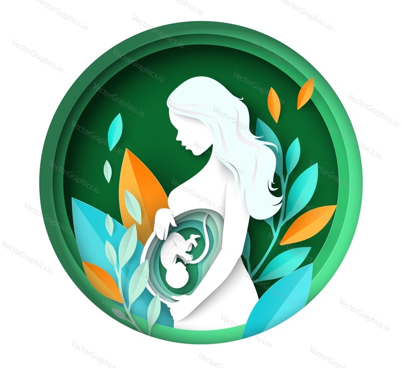 Pregnant woman vector. Young mother with baby in stomach paper cut art craft 3d illustration. Happy pregnancy and maternity concept. Beautiful girl waiting child birth