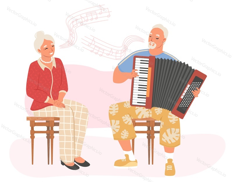 Старые пожилые люди поют векторную иллюстрацию. Пожилой мужчина-музыкант, играющий музыку на аккордеоне, и пожилая женщина-певица. Семейная пара на пенсии проводит досуг и развлечения