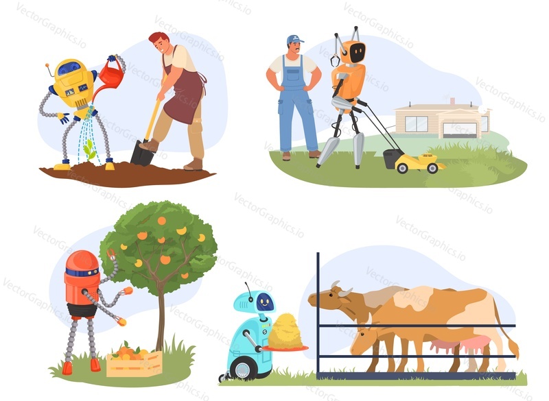 Automated farm life vector. Smart technology and agriculture concept. Robot helping farmer illustration set. AI machine harvesting, work at livestock, garden plant cultivation, fruit gathering scene