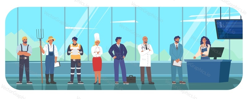 People group of different queue at airport terminal counter desk with receptionist vector illustration. Job exchange concept