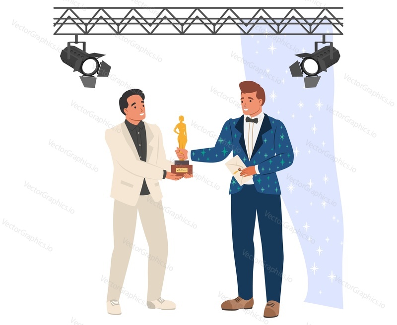 Вектор события награждения. Ведущие-мужчины награждают знаменитость золотым призом. Концепция шоу талантов, кинофестиваля или театрального представления