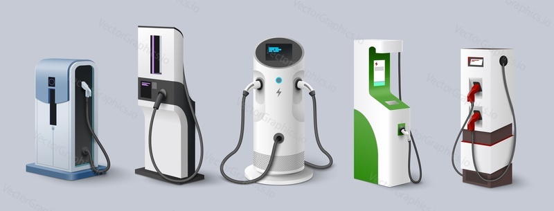 Electric car charging station realistic icon set. Isolated vector charger for vehicle. Battery, plug and cable for electromobile recharge illustration. Charge point for automobile. Green energy technology