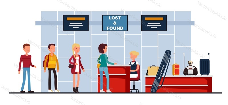 Lost and found service vector. People queue at airport terminal counter desk with administrator. Luggage and personal belongings search, find and return to owner illustration