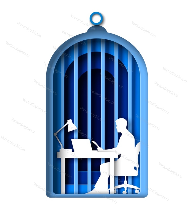 Unloved job and emotional burnout vector. Man worker sitting at desk table front of laptop computer in cage illustration