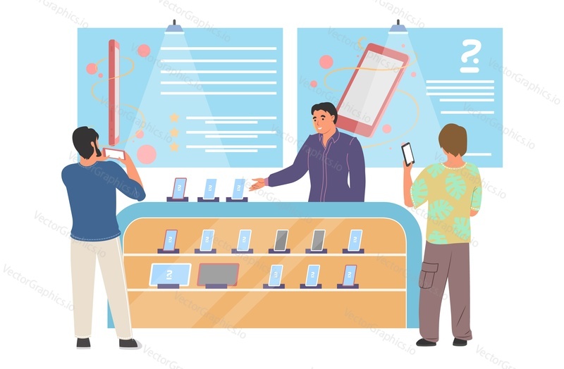 Presenter conducting phone exhibition event at counter desk vector illustration. New electronic product presentation, digital device and smart technology line launch