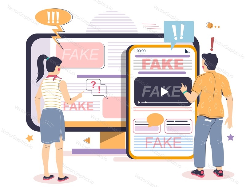 Fake news media information vector illustration. Social disinformation on internet. People reading online fakenews using computer and mobile phone. Wrong info, propaganda and false in network