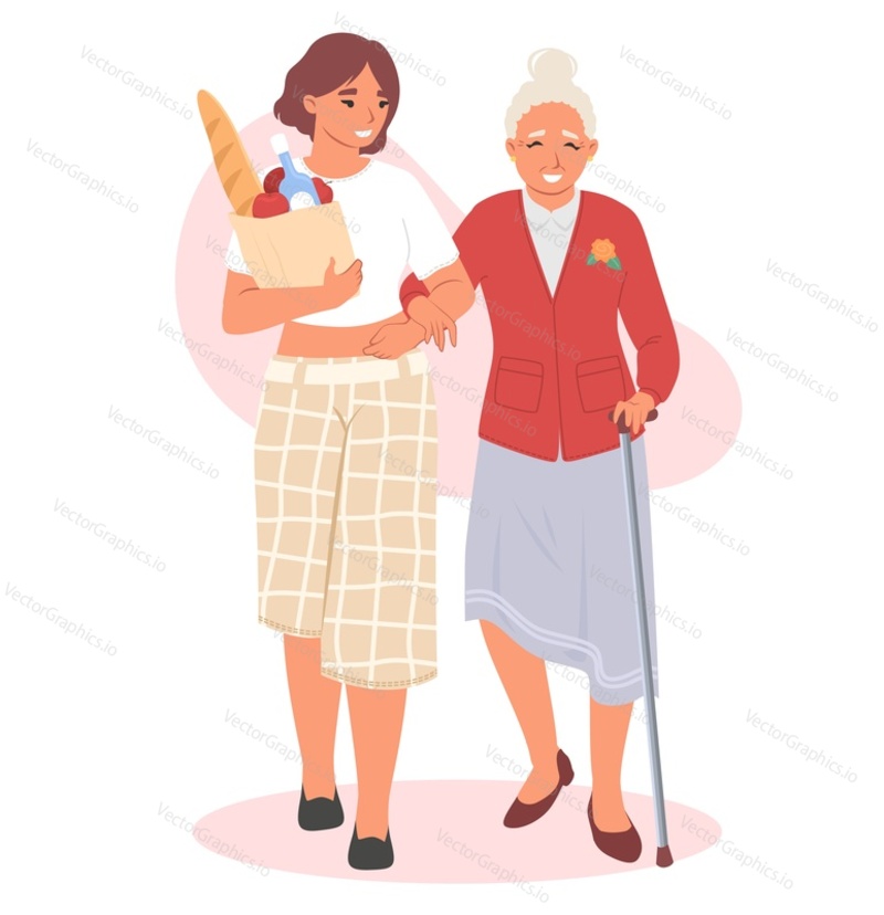 Забота о пожилых людях. Женщина помогает пожилой женщине с покупками продуктов и переходом дороги векторной иллюстрацией. Волонтерство и благотворительность