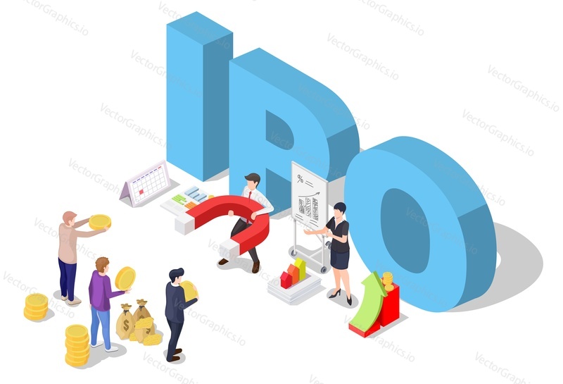 Ipo stock company vector. Initial public offering illustration. Public market, business opportunity and investment. Businesspeople earning money. Finance attraction, financial growth