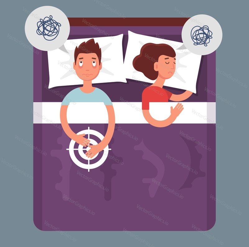 Couple sexual dysfunction problem vector illustration. Married man and woman lying in bed with different thoughts. Relationship crisis