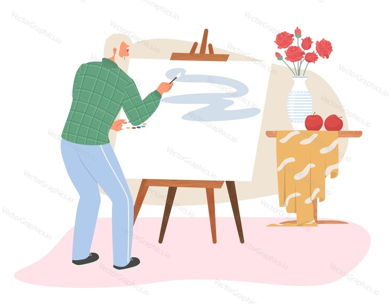 Вектор старого человека. Пожилой мужчина рисует на холсте сцену. Художник-живописец на пенсии. Хобби и досуг на пенсии. Художественный класс для пожилых людей