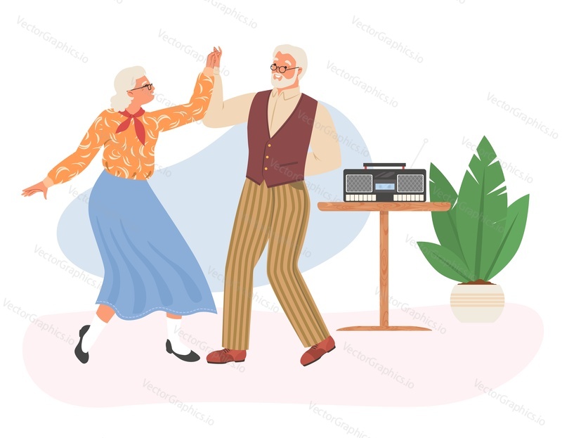 Старая пара танцует плоскую векторную иллюстрацию. Счастливые пожилая женщина и мужчина-танцор развлекаются под музыку. Престарелые бабушки и дедушки с удовольствием проводят время вместе