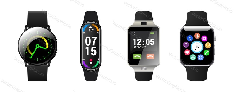 Smart watch realistic vector. Wrist wearable clock with touch screen display interface set. Hand wearing device for health, time and sport indicator tracking. Smartwatch accessory 3d illustration