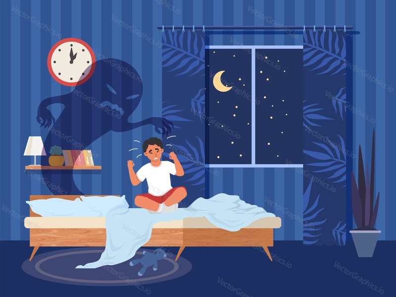 Kid nightmare vector. Crying boy child sitting in bed afraid of ghost monster illustration. Scared boy with night phobia suffering from insomnia