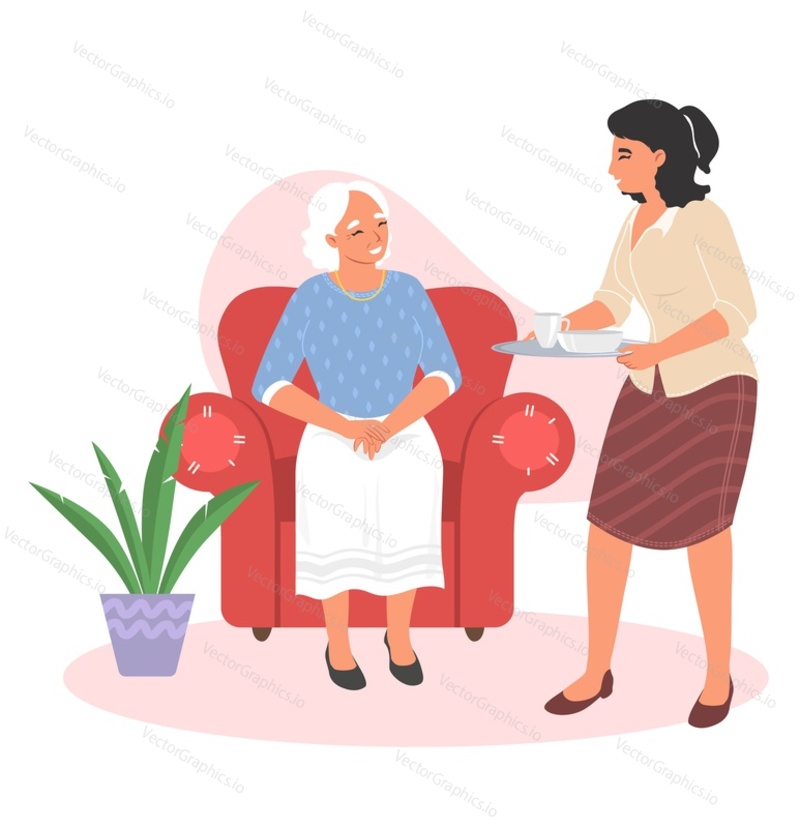 Care for old senior people. Woman bring tea to old person vector illustration. Personal assistance on retirement. Nursing home, volunteering and charity service