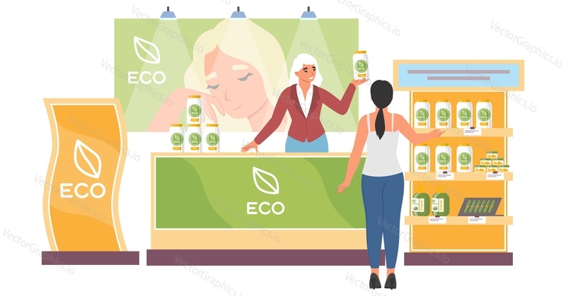 Woman choosing natural cosmetics, perfume and eco products in beauty store vector illustration. Seller offer natural organic body skin and hair care, herbal perfumery assortment on shelf