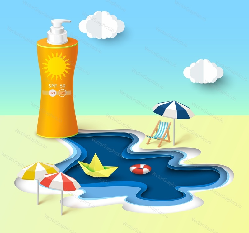 Реклама солнцезащитного крема. Векторная иллюстрация летнего приморского пляжа в стиле вырезанного из бумаги художественного ремесла. Дизайн для продвижения нового косметического продукта