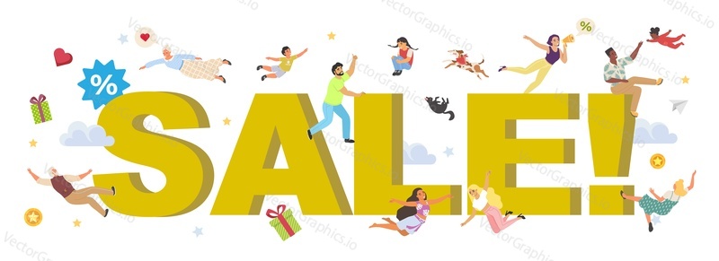 Sale vector background. Shop discount poster template. Banner offer special price for shopping. Flying people customer over huge lettering and gift bonus box. Marketing and promotion