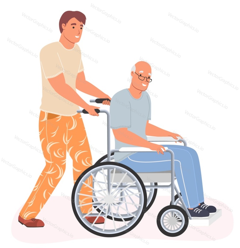 Мужчина-медсестра ухаживает за пожилым инвалидом в инвалидной коляске вектор. Воспитатель помогает пациенту с ограниченными возможностями на прогулке. Концепция сестринского дела, волонтерства и благотворительности