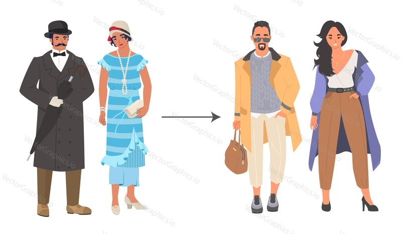 Векторная иллюстрация модного тренда эволюции мужчины и женщины. Девушка и парень меняют стиль одежды. Новый образ, модный наряд для придания индивидуальности. Удобная и элегантная одежда