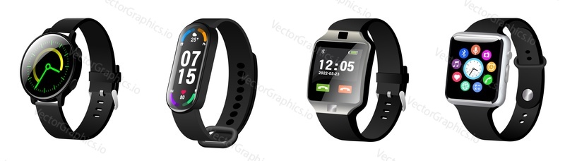 Smartwatch hand wearable accessory realistic set. Smart wrist watch sideways view. Modern electronic band with different indicator, function and opportunities vector illustration