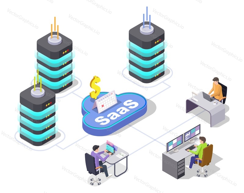 SAAS vector. Software as service concept. Software, cloud service and crm platform technology 3d illustration. Business and information, remote teamwork