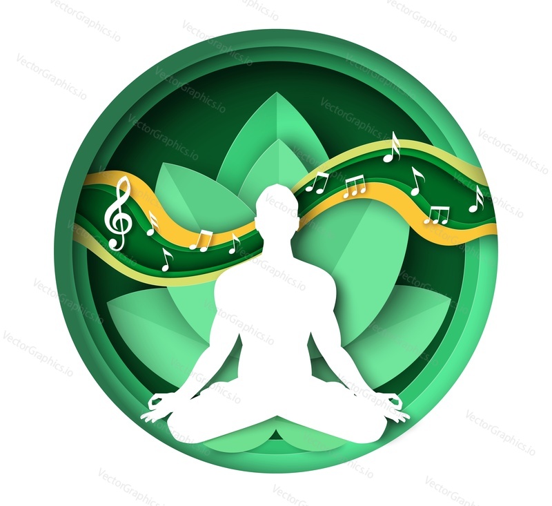 Relax and meditation vector. Male silhouette sitting in lotus position listening music melody meditating along illustration. Spiritual training, balancing exercise and harmony achievement