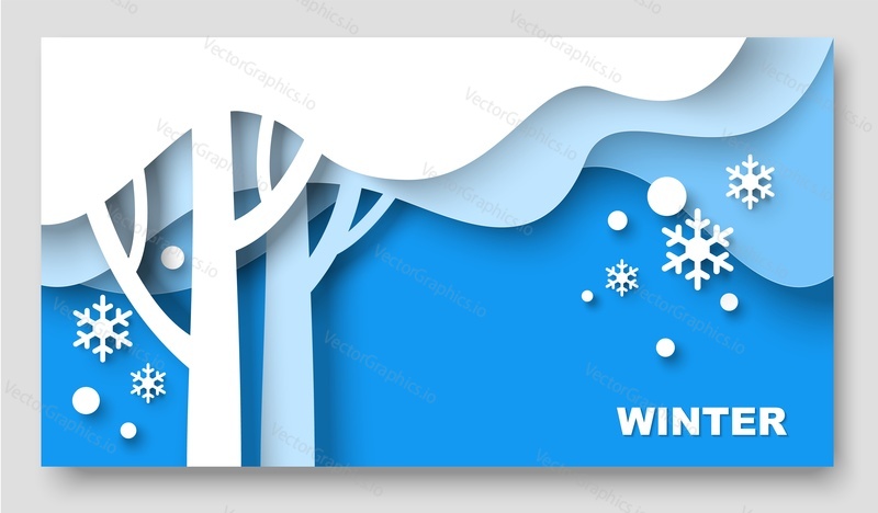 Зимний баннер сезона вырезанный из бумаги 3d векторный дизайн. Деревья и снежинки на синем фоне в стиле арт-крафт. Рождественская иллюстрация. Праздничный пейзаж для новогодней поздравительной открытки