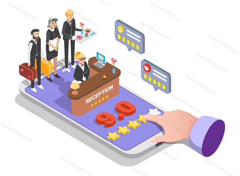 Hotel service feedback ranking isometric 3d vector illustration. Hand giving review evaluation of survey satisfaction. Mobile phone application for quality rating experience gathering