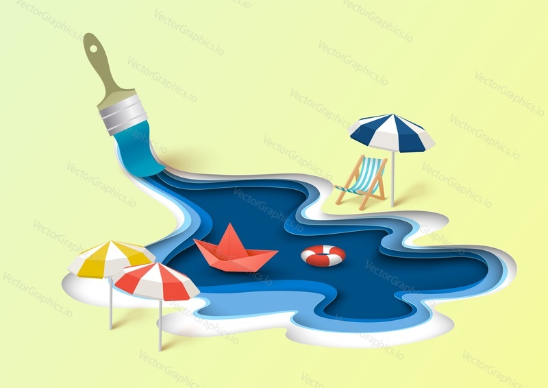 Кистью нарисуйте океан и пляж. Прохладная летняя векторная иллюстрация в стиле paper cut art. Песчаный морской пляжный курорт с зонтиком от солнца, резиновым кольцом в форме пончика и бумажным корабликом в волнах