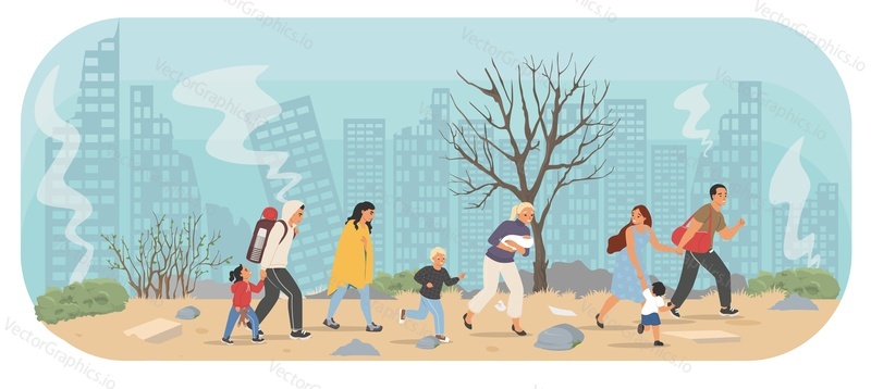 Refugees running away from ruined city vector illustration. Ukraine family, survival people escaping from war conflict leaving destroyed home house