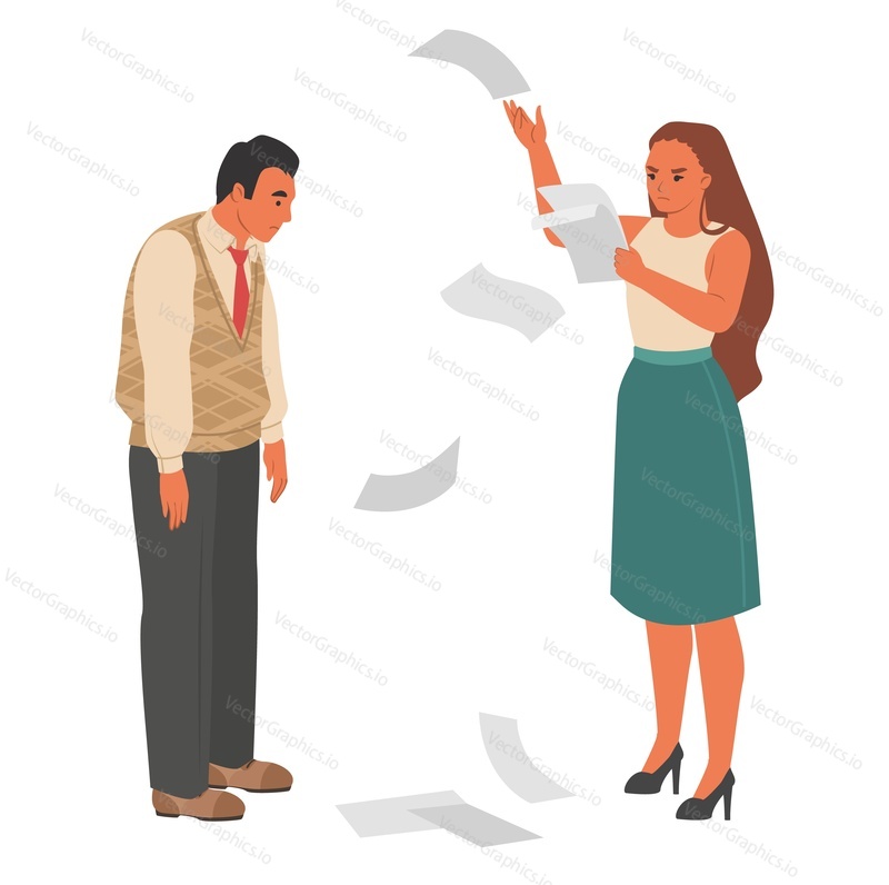 Angry female boss vector. Furious woman chief throwing paper and scolding sad male employee illustration. Pressure, stress at workplace, work conflict and misunderstanding