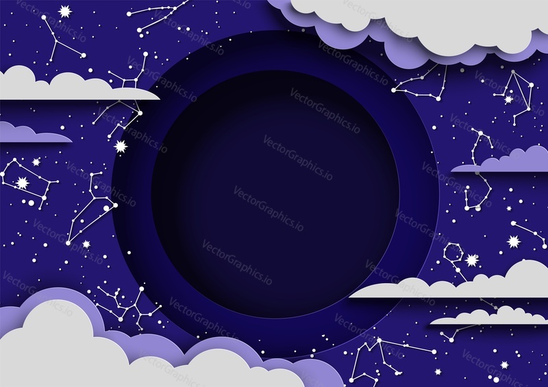 Предыстория астрологии. Астрологический вектор. Пространство звездного ночного неба с луной, знаком зодиака и облаками, вырезанное из бумаги для 3d-рисования. Абстрактный космический дизайн с копировальным пространством для рекламного текста
