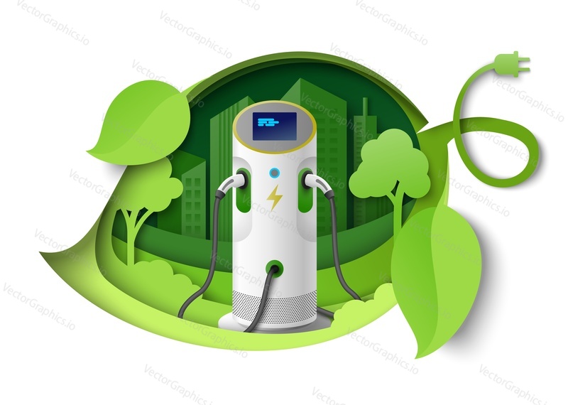 Electric charger station over cityscape 3d paper cut vector illustration. Public charging service. Electrical terminal for hybrid car refill. Green eco energy and environment conservation