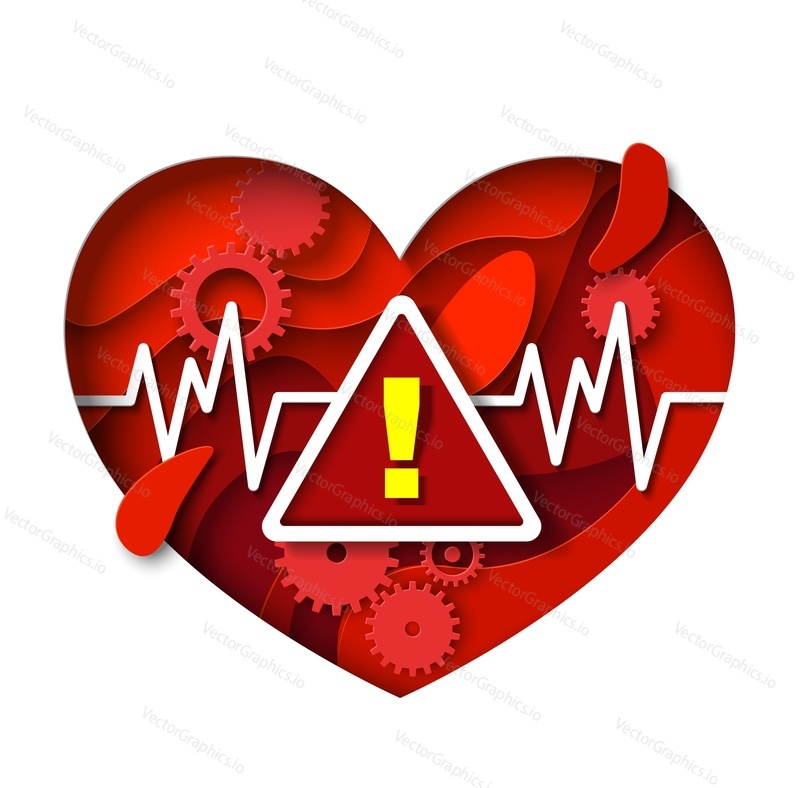 Вектор символа предупреждения об опасности сердечного приступа. Иллюстрация, вырезанная из бумаги в области кардиологии, медицины и здравоохранения. Концепция Всемирного дня сердца для оформления медицинского баннера или плаката. Сердечно-сосудистые заболевания