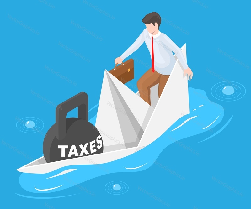 High rate taxes burden vector. Businessman in sinking paper boat in water due to heavy taxes kettlebell illustration. Taxpayer problem, bankruptcy and financial crisis concept