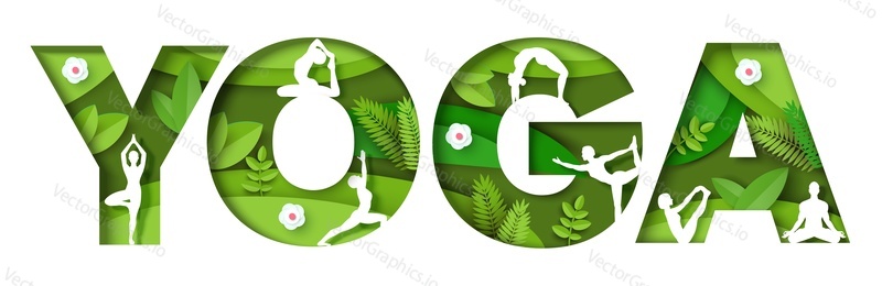 Yoga vector. Logo poster with text. Word banner. Sport gym promotion. Balance training and meditation advertisement. Paper cut 3d craft art design with people yogi silhouette over green floral pattern
