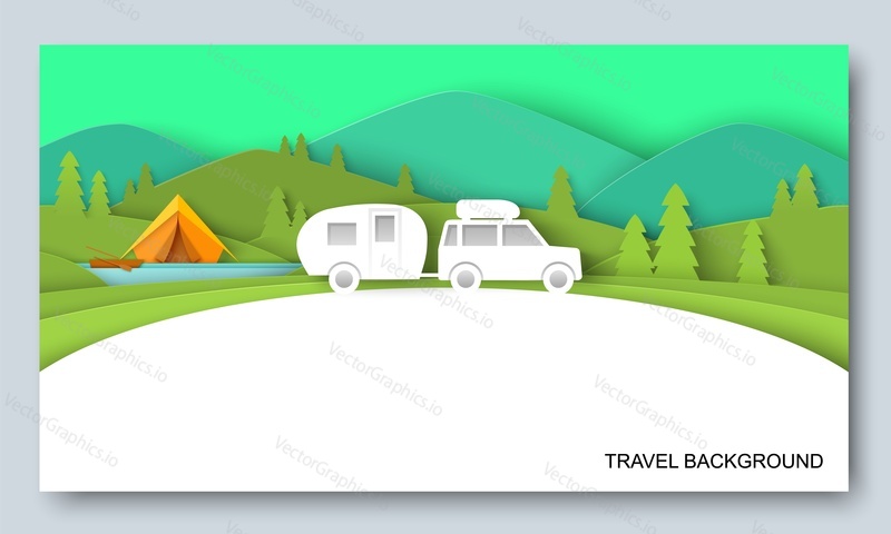 Travel banner. Road trip paper cut 3d vector. Holiday adventure. Outdoor camping recreation in nature during summer or spring vacation illustration. Weekend journey landscape