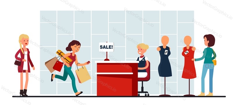 Shopaholic consumer running to fashion shop vector. Woman with shopping bag rushing for sale discount. Retail shopper spender and overconsumption
