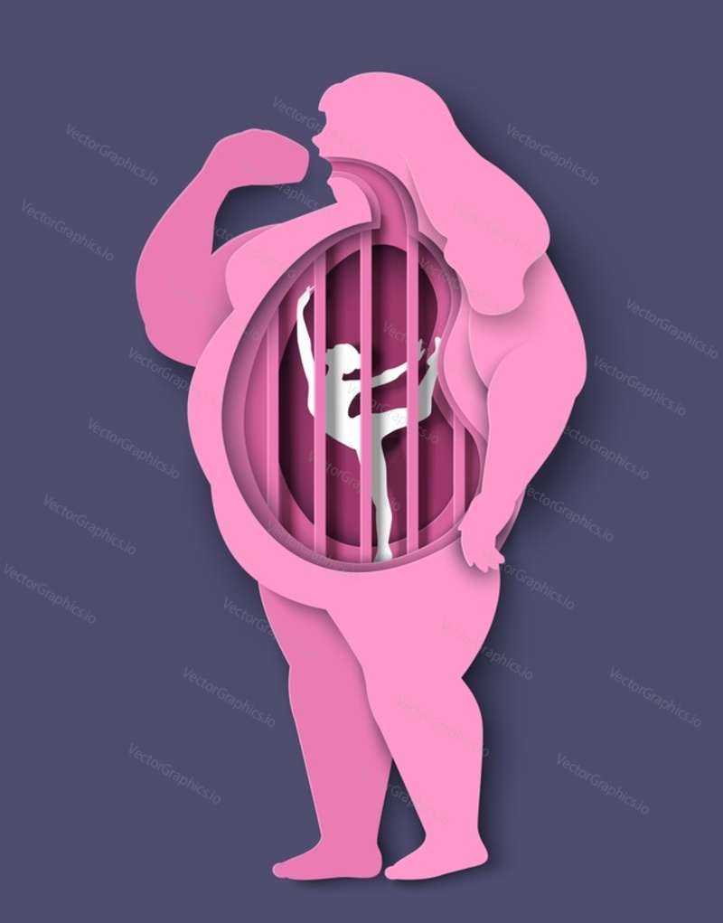 Fat woman body with slim dancer figure inside stomach vector illustration. Paper cut female person eating unhealthy food instead of slimming and dieting
